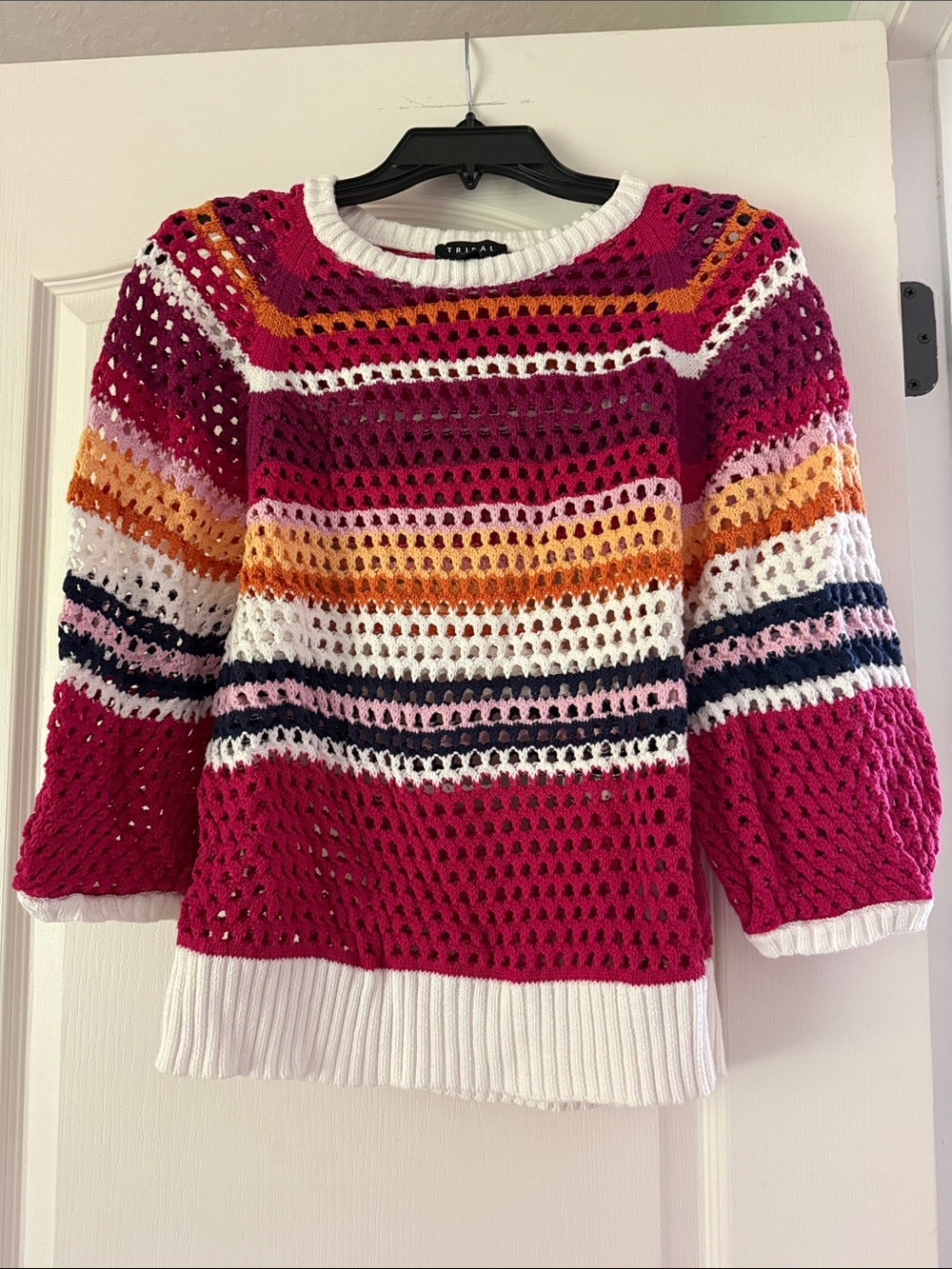 Tribal Hot Pink Multi-Stripe Open-Knit Crewneck Sweater